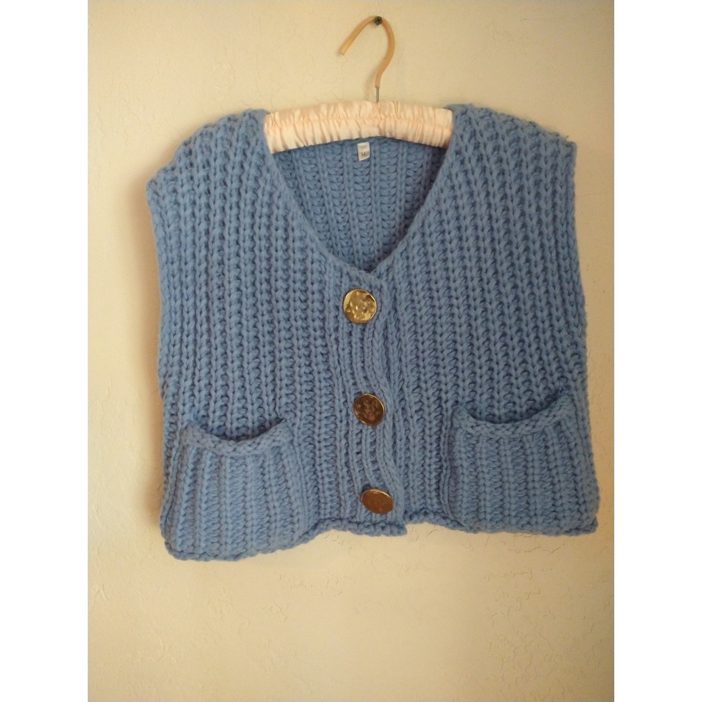 Anonymous Chunky Cable Knit Sweater Vest Blue Wool Blend M button Front Pockets